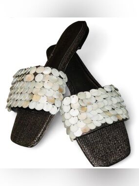 Deltan Flora Linen Pearl Discs Slides Sandals